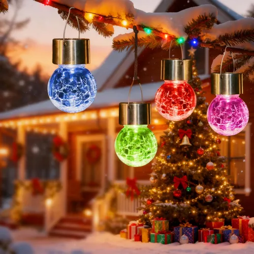 Miniatura 3 de Solpex Luces solares colgantes al aire libre, paquete de 8 luces decorativas de bola de vidrio agrietado, iluminación solar impermeable, luces