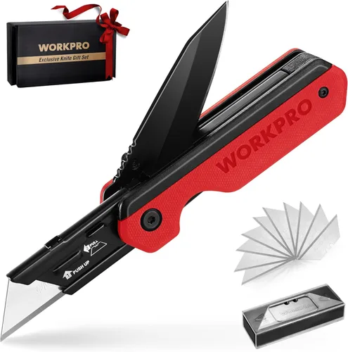 Miniatura 11 de WORKPRO Cuchillo plegable 2 en 1/cuchillo utilitario, regalos para papá, cortador de caja de cambio rápido con clip para cinturón y bloqueo de Madera