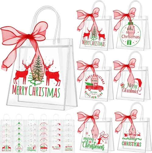 Paterr 36 Bolsas de Regalo Transparentes de Navidad con Cinta, Bolsas de Favor de Fiesta Transparentes Reutilizables con Asas, Bolsas de Regalo