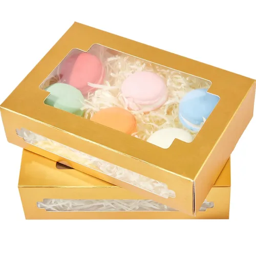 qiqee Cajas de galletas para regalo de 8 x 5.3 x 2 pulgadas, 24 paquetes de caja dorada con ventana para panadería para donas, dulces y galletas