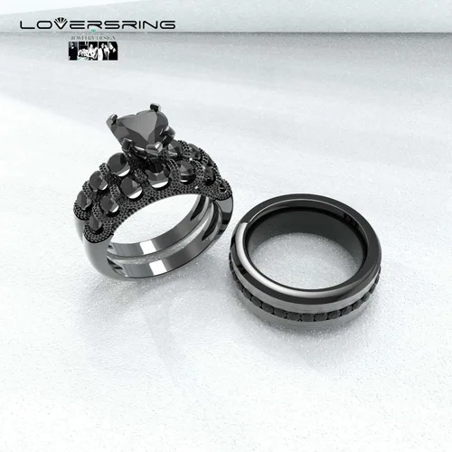Miniatura 18 de Conjunto de dos anillos de boda para él y para ella, anillos para parejas. Anillos de compromiso para novia en acero inoxidable chapado en oro Blanco