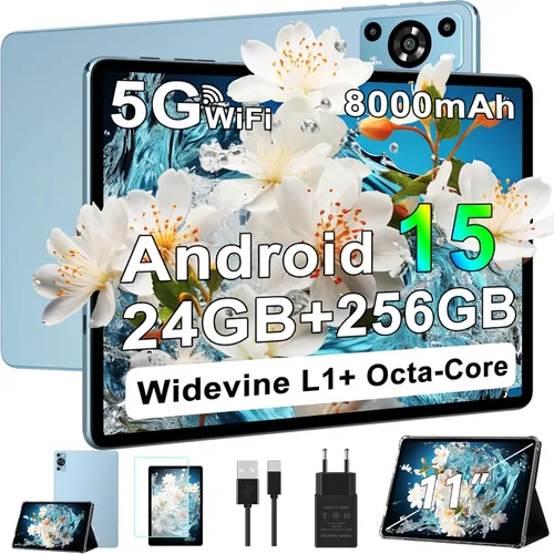 Tablet de 11 pulgadas, tabletas Android 15 2026 con Octa Core, 24GB+256GB, cámara de 13+5MP, tabletas electrónicas con Widevine L1, batería de Azul