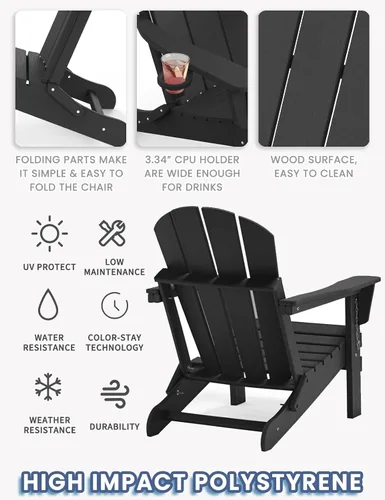 Miniatura 4 de Silla Adirondack plegable con soporte para tazas, sillas de patio de plástico HDPE para todo tipo de clima, silla para hoguera, sillas de césped al