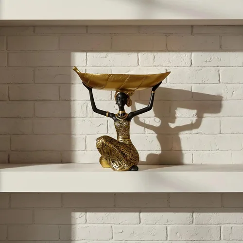 Miniatura 8 de Lescafita Escultura de mujer africana con cuenco de hoja de oro, figura de resina hecha a mano, estatua de arte tribal exótico para sala de estar