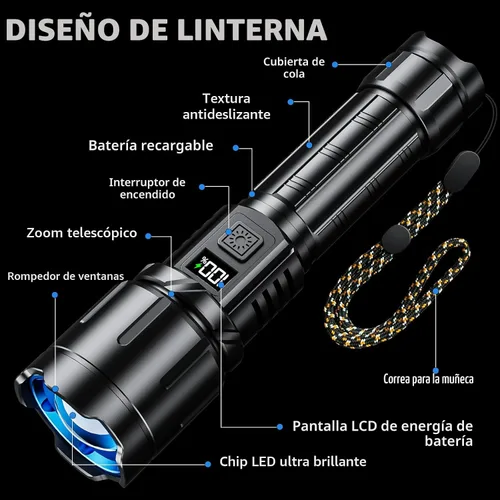 Miniatura 8 de Linterna recargable 99000 lúmenes altos, luz LED súper brillante, linternas tácticas con pantalla de alimentación LCD, 6 modos, impermeable