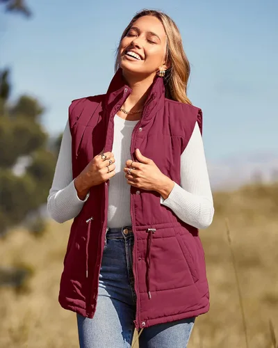 Miniatura 2 de BTFBM Chaleco casual para mujer, con botones, con cremallera, acolchado, con cordón, sin mangas, con bolsillos
