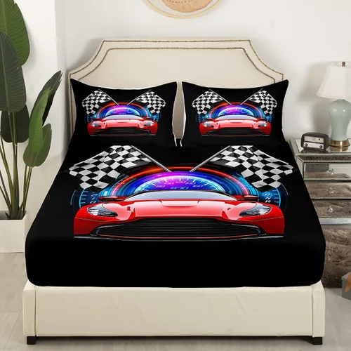 Miniatura 3 de Erosebridal Red Race Car - Juego de sábanas para niños y adolescentes, tamaño individual, juego de 3 piezas, sábana bajera + sábana encimera + 1