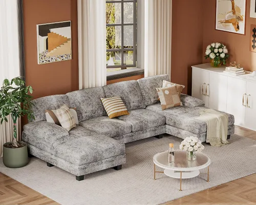 Miniatura 8 de JUMMICO Sofás Seccionales para Sala de Estar, Sofá en Forma de U con Tela de Chenilla, Sofá Moderno de 4 Asientos con Almohadas Removibles para Gris