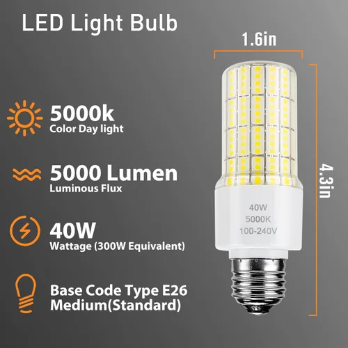 Miniatura 2 de ZP Paquete de 2 bombillas LED A19 300 W equivalentes a 40 W, 5000 lúmenes, 5000 K, luz blanca fría, base E26/E27, iluminación impermeable