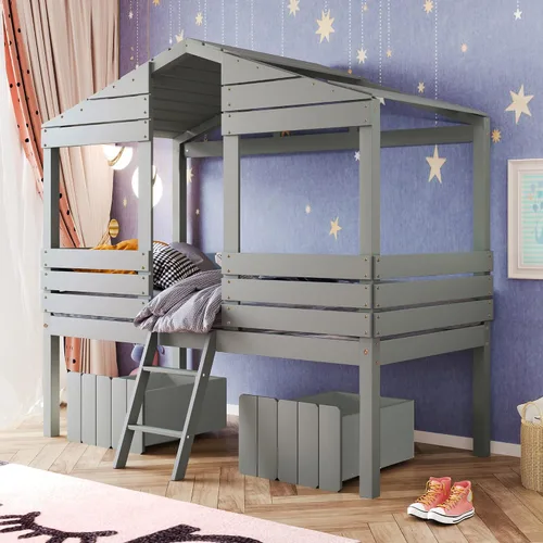Miniatura 15 de Quarte Fun House - Cama con techo y dos ventanas laterales, cama baja de madera tamaño individual con escaleras pequeñas y barandilla, para niños