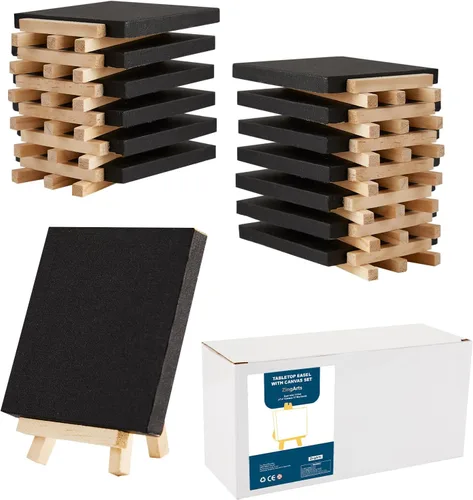 Mini lienzos con juego de caballete, paquete de 14, tableros de lona negros de 4 x 4 pulgadas y 18 mini caballetes de 5 pies, lienzo pequeño,