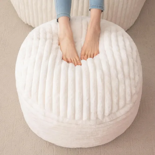 HIGOGOGO Puf Otomano Redondo Relleno, Pufs de Piel Sintética a Rayas con Relleno de Trozos de Espuma, Puf Peludo y Esponjoso Taburete Reposapiés