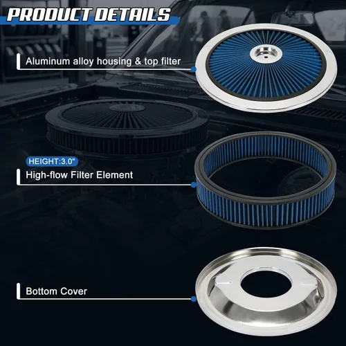 Miniatura 3 de PTNHZ Conjunto de filtro de filtro de aire redondo de 14 x 3 pulgadas con caburetor de tapa de flujo alto compatible con Chevrolet GMC Ford (azul)