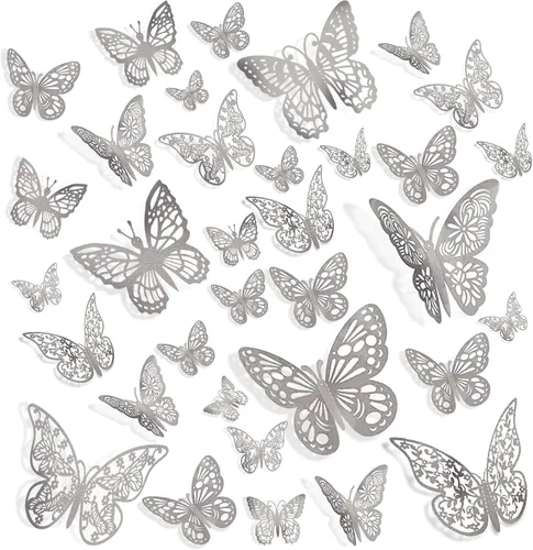 Miniatura 4 de 144 calcomanías de pared de mariposa 3D, 6 estilos, 3 tamaños, calcomanías de mariposa extraíbles plateadas, decoración de pared para habitación