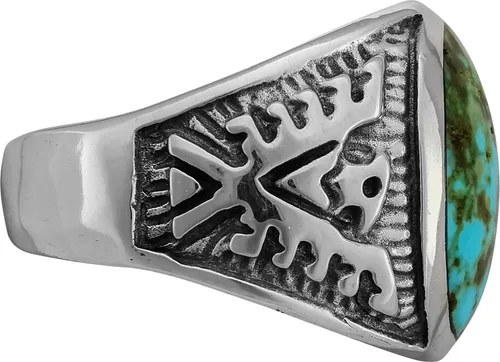 Miniatura 3 de Size 12-925 Sterling Silver Oval Sierra Nevada Turquoise Cabochon Ring, Southwestern Thunderbird Design, Statement High Polish Gemstone Band