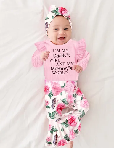 Miniatura 3 de Ropa de bebé niña, 4 piezas, trajes de niña recién nacida, con volantes, mameluco de campana para bebé, diadema, bandana, conjuntos de ropa, regalos