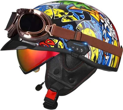 Miniatura 10 de Casco de cara abierta con Bluetooth para hombres y mujeres, casco retro de estilo alemán con diseño de calavera, visera con gafas, casco de media