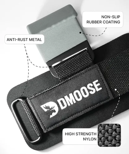 Miniatura 3 de DMoose Fitness Ganchos de levantamiento de pesas (par) para peso muerto, dominadas, remo y encogimientos de hombros – Correa de nailon Gris