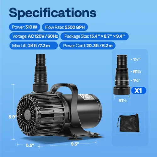 Miniatura 6 de VIVOHOME - Bomba de agua sumergible eléctrica de 310W y 5300 GPH para estanques de koi, piscinas, cascadas, fuentes, peceras y acuarios
