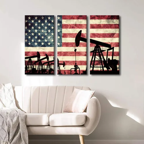 Miniatura 4 de 3 piezas de gato con bomba de aceite en la bandera de Estados Unidos, arte de pared, extracción de petróleo americano, decoración del hogar
