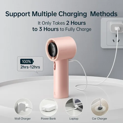 Miniatura 6 de JISULIFE Ventilador de mano portátil, velocidad (1-100) Turbo Mini ajustable y batería de 3600 mAh, ventilador personal recargable, pantalla Rosa