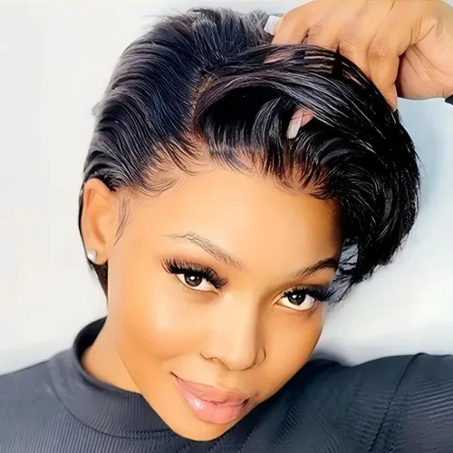 Peluca de cabello humano corto con encaje frontal para mujeres negras, peluca de corte Pixie, peluca de encaje previamente despuntada en T con