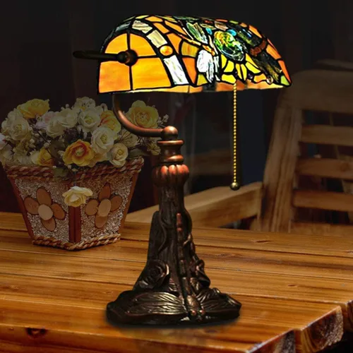 Miniatura 4 de Tiffany - Lámpara de mesa con vitrales para sala de estar, lámpara de piano con libélula lateral, pequeña de 15.5 pulgadas de alto, lámpara