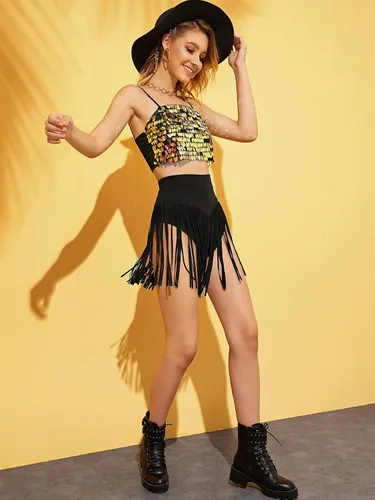 Miniatura 5 de Verdusa Pantalones cortos elásticos de cintura alta con flecos para mujer