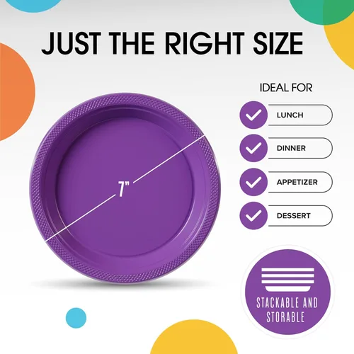 Miniatura 2 de Exquisitos platos de plástico morado Party Solids para fiesta, platos desechables morados de 7 pulgadas, suministros resistentes, 100 piezas