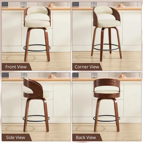 Miniatura 7 de Juego de 1 taburete de bar giratorio, 26" de cuero sintético tapizado, altura de mostrador con respaldo, silla de bar moderna de mediados de siglo