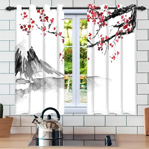 Miniatura 172 de Cortinas japonesas con pintura de tinta, monte Fuji, sol rojo, puesta de sol, hojas de bambú, cortinas de ventana para dormitorio, sala de estar