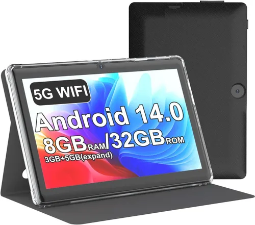Tablet 7Inch Android 14.0 con funda protectora, 3GBRAM+32GB ROM, pantalla IPS, cámara dual, Bluetooth 5.0 WiFi Tab (negro)