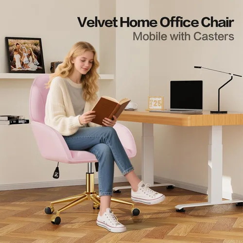 Miniatura 4 de Silla de Escritorio de Terciopelo Rosa con Cojín, Silla de Oficina Doméstica Tapizada con Ruedas Giratorias, Silla de Maquillaje, Silla de Oficina