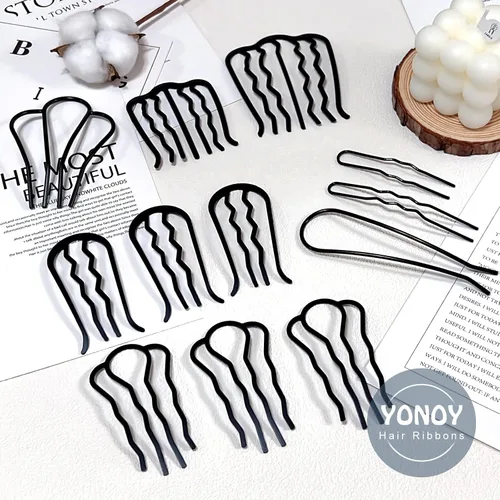 Miniatura 7 de YONOY 12 piezas de peines laterales de metal para cabello con clip para moño, herramientas de peinado en forma de U, fabricante de moños