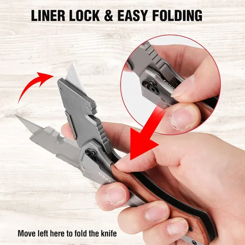 Miniatura 6 de WORKPRO - Cuchillo utilitario plegable, cortador de caja de cambio rápido con cabezal de acero inoxidable y bloqueo de alineación, mango de madera