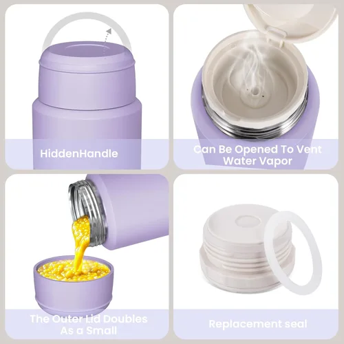Miniatura 5 de Paquete de 2 termos de sopa para comida caliente para adultos, tarro de comida aislado, recipientes térmicos al vacío de acero inoxidable con bolsa