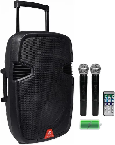 Miniatura 2 de Paquete Rockville RAM15BT: Bocina recargable activa de 15 pulgadas, 800 vatios de potencia máxima / 200 vatios RMS para DJ/PA, 2 micrófonos VHF