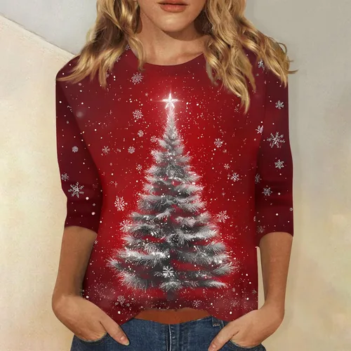 Miniatura 49 de Camisetas de manga 3/4 para mujer, cuello redondo, holgadas, casuales, con estampado floral, camisetas de moda para el trabajo de negocios