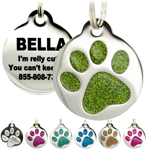 Miniatura 11 de Etiqueta grabada para mascotas para perros y gatos, personalizada con 4 líneas de identificación grabada, huella de pata redonda, acero inoxidable