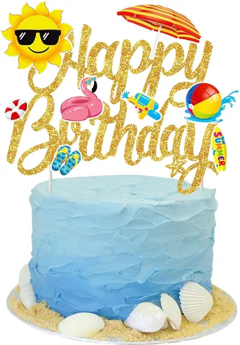 Miniatura 2 de Decoración hawaiana de verano para tartas de playa, decoración de pastel de cumpleaños, decoración de pastel de cumpleaños con purpurina para Oro