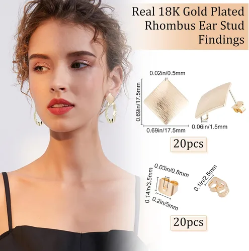 Miniatura 2 de Beebeecraft 20 unidades/caja de aretes chapados en oro de 18 quilates, aretes de rombo con lazo y 20 piezas de parte trasera de aretes para hacer