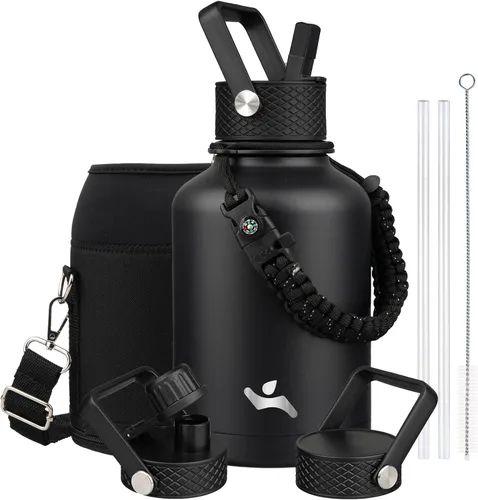 Miniatura 108 de Konokyo - Botella de agua aislada de 18 onzas, botellas deportivas de acero inoxidable con 3 tapas, verde militar