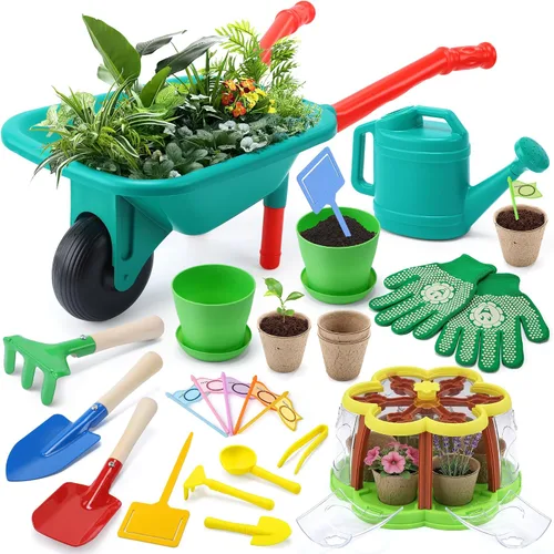 Miniatura 10 de CUTE STONE - Juego de herramientas de jardinería para niños, juguetes de jardín con carretilla, regadera, guantes de jardinería, rastrillo manual