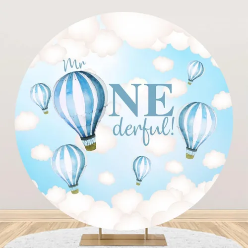 Telón de fondo redondo para niños de 6.5 x 6.5 pies para el primer cumpleaños, globos aerostáticos, cielo azul y nube blanca, fondo de fotografía Mr