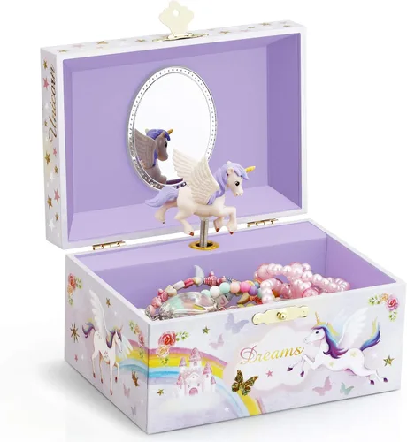 Miniatura 3 de RR ROUND RICH DESIGN Caja de almacenamiento de joyas musicales con purpurina y juego de joyas para niñas pequeñas con unicornio giratorio y arco