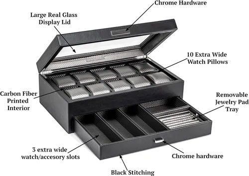 Miniatura 3 de HOUNDSBAY Yachtsman - Caja de reloj grande organizadora de joyas para hombres, organizador de joyas con cuero vegano, tapa de cristal y cajón