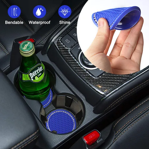 Miniatura 4 de OUZORP Paquete de 2 posavasos azules para automóvil con botón de arranque y anillo brillante, 1 paquete Posavasos antideslizantes para portavasos
