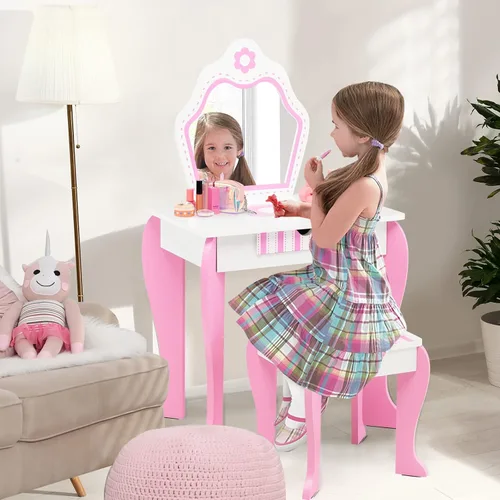 Miniatura 4 de HONEY JOY Tocador para Niños, Mesa de Maquillaje para Niños Pequeños con Espejo y Taburete, Tocador de Madera de Juego de Simulación para Niñas