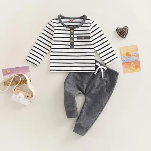 Miniatura 107 de Conjunto de 2 piezas de sudadera de manga larga con cuello redondo y pantalones casuales para bebés y niños pequeños