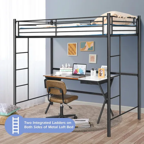 Miniatura 3 de Giantex Cama alta de metal tamaño individual, marco de cama alta resistente con 2 escaleras, litera individual sobre loft con protector de longitud